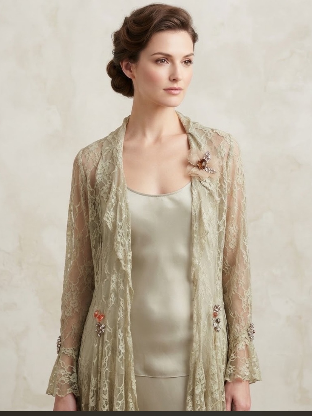 Lee Andersen Vintage Lace Cardigan Duster Small Champagne Gold Beaded Applique